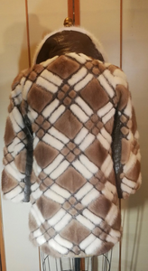 60s Geometric Mink Leather Coat --Mod Mosaic Mink White and Brown Patchwork ColorBlock Coat S/M