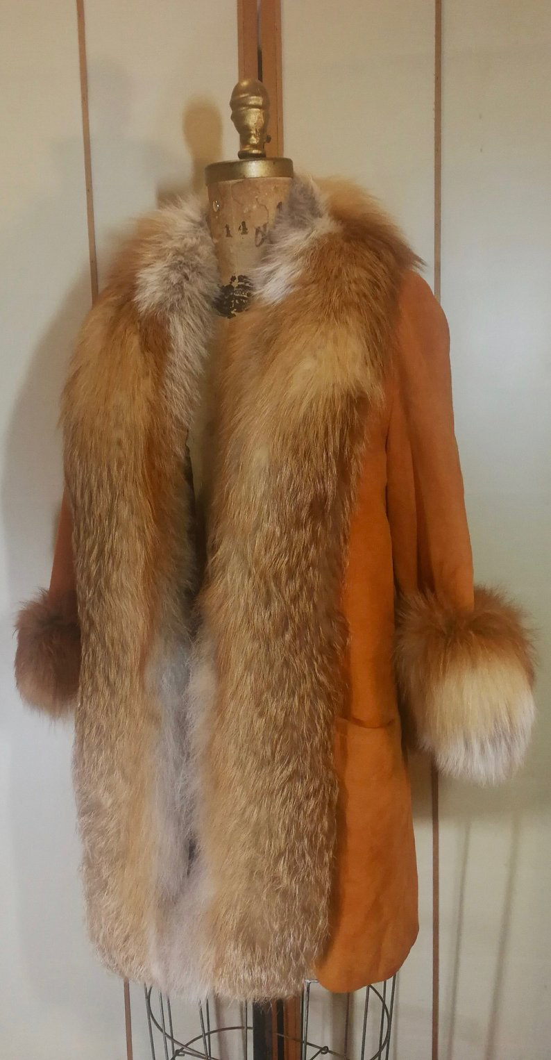 Vintage Penny Lane Coat, Fur Cuff, Fur Collar, Suede, Brown, Boho, Festival