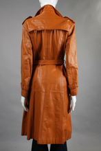 Load image into Gallery viewer, 70&#39;s Butterscotch Leather Spy Trench Coat Montgomery Ward Highly Detailed Large Rare Size Hippy Chic