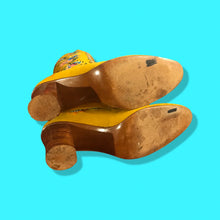 Load image into Gallery viewer, Iconic 70’s Mustard Yellow Suede Floral Embroidered Boots size 7 Wooden Heel