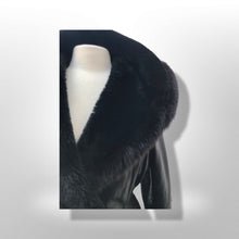 Load image into Gallery viewer, Black Lamb Leather Princess Coat Couture Made in France Massive Shearling Fox Collar