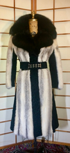 Load image into Gallery viewer, Russian Princess Piano Key Coat! Cross Mink, Fox, and Swakara Astrakhan Lamb Black and White Piano Keys Belted Mod Fur Coat Penny Lane S/M