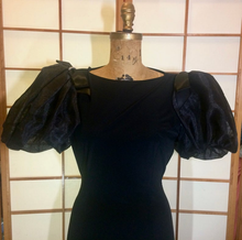 Load image into Gallery viewer, Neiman Marcus Wiggle Dress Rhinestone Puff Sleeve Bow Little Black Dress Mad Men M/L