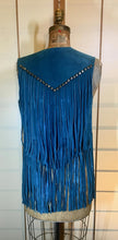Load image into Gallery viewer, Vintage Suede Fringe Vest- Teal Turquoise Mid Length 70s Hippy Bohemian Hipster Chic Shabby Chic S/M Cow Girl Native American Cow Boy