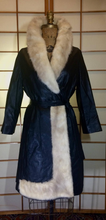 Load image into Gallery viewer, Piano Key Black Leather Trench with Cream Azurene Mink Asymmetrical Trimmed Coat 60s 70s Mod Hippy Pane Lane Almost Famous S/M/L