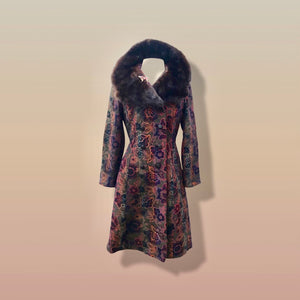 60’s Vintage Coat Floral Tapestry Carpet Mink Collar Colorful