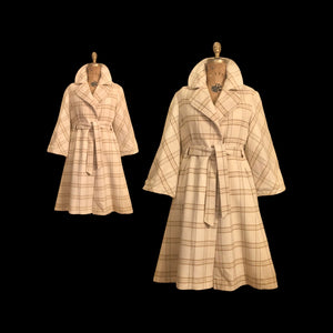 60’s Cream White Plaid Wrap Wool Fit Flare Coat Neutral Natural Colors Belted