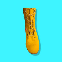 Load image into Gallery viewer, Iconic 70’s Mustard Yellow Suede Floral Embroidered Boots size 7 Wooden Heel