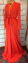 Load image into Gallery viewer, 1970s Plunging Red Dress &quot;Lady in Red&quot; Plunging Knotted Neckline Empire Dress M/L Made in Paris