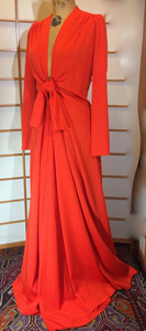 1970s Plunging Red Dress "Lady in Red" Plunging Knotted Neckline Empire Dress M/L Made in Paris