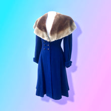 Load image into Gallery viewer, 40’s Vintage Cobalt Blue Fit Flare “New Look” Princess Full Skirt Coat with Massive Shearling Mouton Ombré Collar