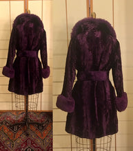 Load image into Gallery viewer, Vintage 70s Purple Coat- Faux "Sheared Lamb" Shearling Vegan Velvet Goth Punk Grunge Penny Lane Russian Princess Boho Princess Pinup
