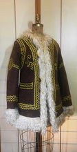 Load image into Gallery viewer, Afghan Suede Embroidered Shearling Sheepskin Lining Long Goat Made in Turkey Genuine Ethnic Hippy Beatles Penny Lane Almost Famous Coat S/M