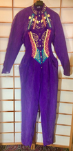 Load image into Gallery viewer, 80s Purple Pants Suit Glam Avant Gard Silk Metal Studded Magenta Turquoise Cutout Sheer XS/S