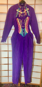 80s Purple Pants Suit Glam Avant Gard Silk Metal Studded Magenta Turquoise Cutout Sheer XS/S