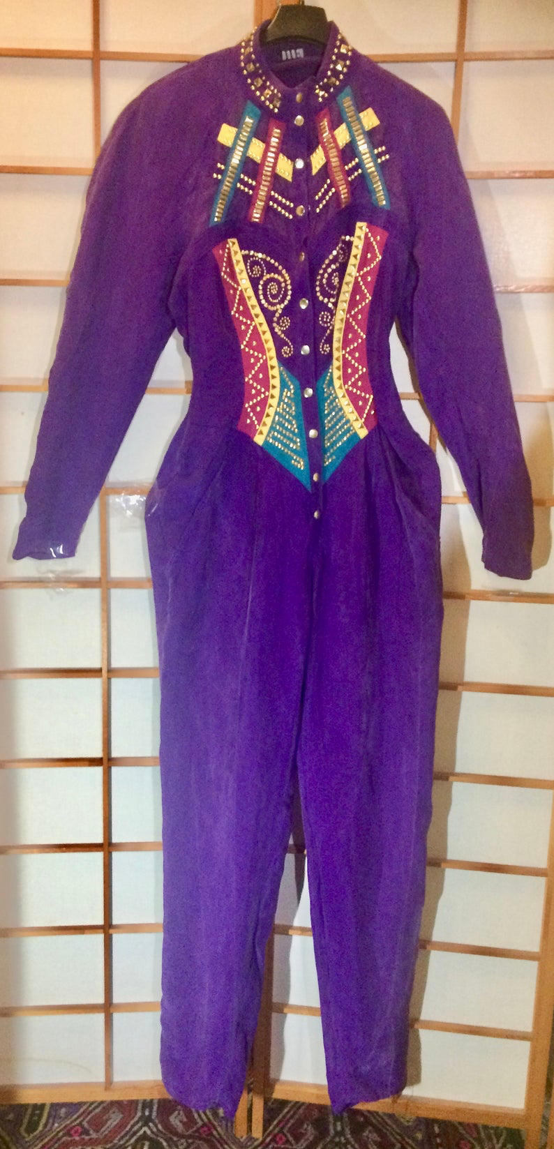 80s Purple Pants Suit Glam Avant Gard Silk Metal Studded Magenta Turquoise Cutout Sheer XS/S