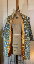Load image into Gallery viewer, Woman's Vintage Coat-- 60s Blue Tapestry Swing Floral Carpet Brocade Wool Needlepoint Princess Pinup Mod Coat Spring Winter Fall