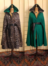 Load image into Gallery viewer, Vintage 70s Reversible Cape Green/Leopard Print Thick Wool Long Hooded Boho Renaissance Hippy Burning Man Unisex One Size Fits All