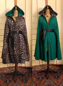 Vintage 70s Reversible Cape Green/Leopard Print Thick Wool Long Hooded Boho Renaissance Hippy Burning Man Unisex One Size Fits All