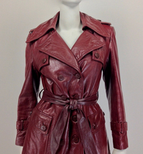 Load image into Gallery viewer, 70s Leather Trench Spy Coat Burgundy Maroon Oxblood Detailed Insulated S/M Sears