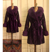 Load image into Gallery viewer, Vintage 70s Purple Coat- Faux "Sheared Lamb" Shearling Vegan Velvet Goth Punk Grunge Penny Lane Russian Princess Boho Princess Pinup
