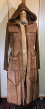 Load image into Gallery viewer, 70s Suede Hooded Coat Knitted Trench Duster Sweater Coat Medieval Hippy Boho Princess Tan Brown S/M Burning Man