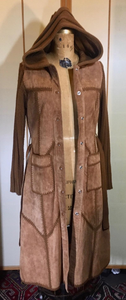 70s Suede Hooded Coat Knitted Trench Duster Sweater Coat Medieval Hippy Boho Princess Tan Brown S/M Burning Man