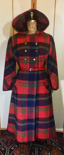 60's 70's Plaid Fit and Flare Red Hooded Princess Double Breasted Full Skirted Coat M/L 