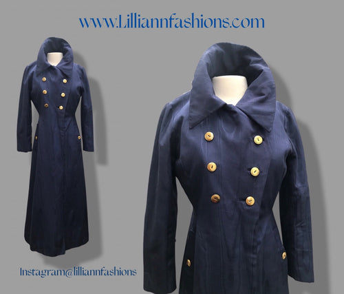 60’s Long Blue Trench Coat Full Length Double Breasted Waterproof Wood Design