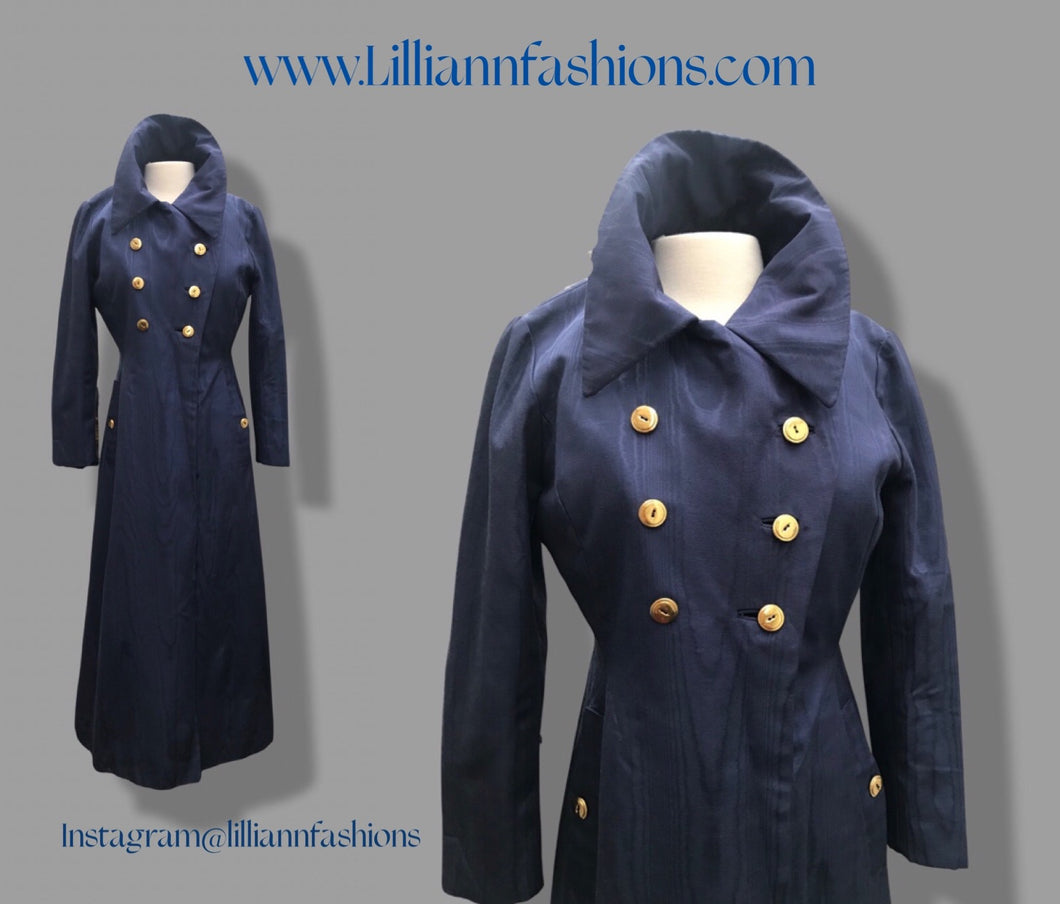 60’s Long Blue Trench Coat Full Length Double Breasted Waterproof Wood Design