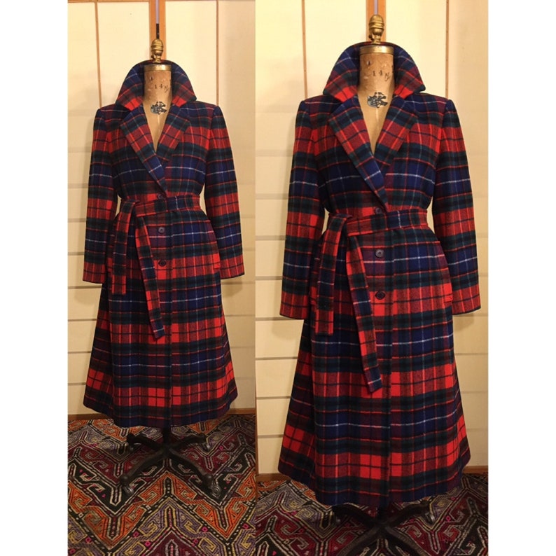 Vintage 70s Pure Wool Pendleton Red and Back Plaid Tartan Coat Belted Fit and Flare Career Fall Winter Evening