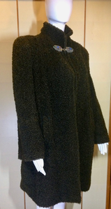 40s Curly Wool Coat With Jeweled Clasp M/L Film Noir