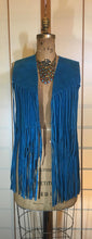 Load image into Gallery viewer, Vintage Suede Fringe Vest- Teal Turquoise Mid Length 70s Hippy Bohemian Hipster Chic Shabby Chic S/M Cow Girl Native American Cow Boy