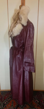 Load image into Gallery viewer, Vintage 70s Leather Coat with Removable Silver Fox Fur Collar Spy Trench Belted Fit and Flare Burgundy Oxblood Maroon Reddish Brown M/L