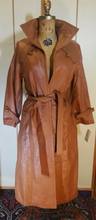 Load image into Gallery viewer, Deadstock with Tags New 70s Caramel Mocha Leather Trench Coat Spy Fit and Flare Princess Boho Chic S/M