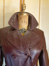 Load image into Gallery viewer, 70s Leather Trench Burgundy Brown Spy Double Breasted Zip In Warmth Liner Fit and Flare