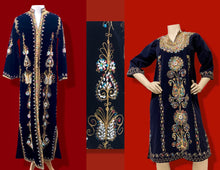 Load image into Gallery viewer, 60s 70s MUSEUM Collectible Vintage Royal Velvet Cleopatra Overcoat and Tunic Set Duster Hand Embroidered Pearls Exotic Persian Fashion History Ottoman Empire