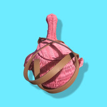 Load image into Gallery viewer, Flamingo Deadstock Wicker Coral Pink Weaved Bag with Leather Strap Basket Purse Picnic Basket
