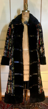 Load image into Gallery viewer, 60s Tapestry Black Red Needlepoint Brocade Russian Princess Faux Fur Shearling Coat S Mod Boho Chic Penny Lane Almost Famous