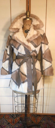 60s Geometric Mink Leather Coat --Mod Mosaic Mink White and Brown Patchwork ColorBlock Coat