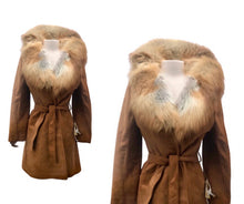 Load image into Gallery viewer, Deadstock Suede and Red Fox Fur Coat 70’s Fit Flare Wrap Style Rust Orangey Brown Color