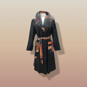 70’s Black Patchwork Leather Trench Coat Spy