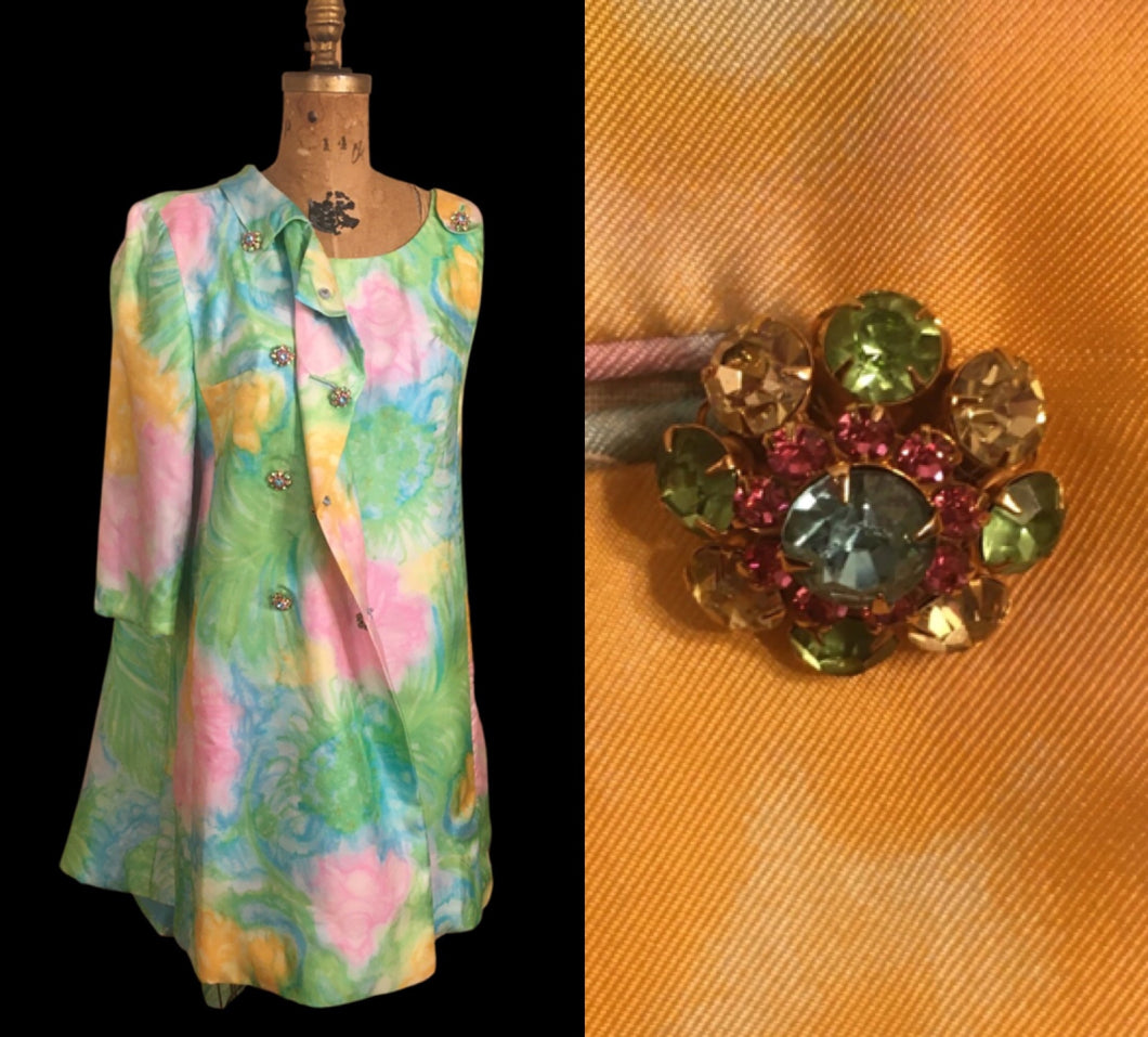 60’s Shift Dress and Coat Set by I. Magnin Pastel Floral Pink Blue Crystal Buttons