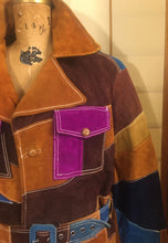 Load image into Gallery viewer, Women's Vintage 70s Patchwork Suede Belted Leather Coat Purse Set Purple Blue Brown Yellow Plus Size Boho