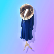 Load image into Gallery viewer, 40’s Vintage Cobalt Blue Fit Flare “New Look” Princess Full Skirt Coat with Massive Shearling Mouton Ombré Collar