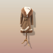 Load image into Gallery viewer, 60’s Vintage Camel Coat  with Fur Trim Vicuna-Printed Fit Flare Wrap Style Wool Cashmere Blend