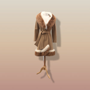 60’s Vintage Camel Coat  with Fur Trim Vicuna-Printed Fit Flare Wrap Style Wool Cashmere Blend