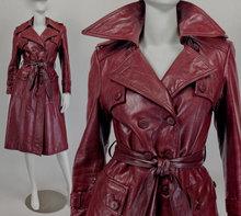 Load image into Gallery viewer, 70s Leather Trench Spy Coat Burgundy Maroon Oxblood Detailed Insulated S/M Sears