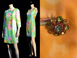 60’s Shift Dress and Coat Set by I. Magnin Pastel Floral Pink Blue Crystal Buttons