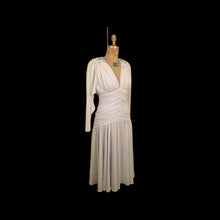 Load image into Gallery viewer, 80’s does 20’s Art Deco Chiffon Beaded Dress in Pearl Gray Fitted Waist full skirt